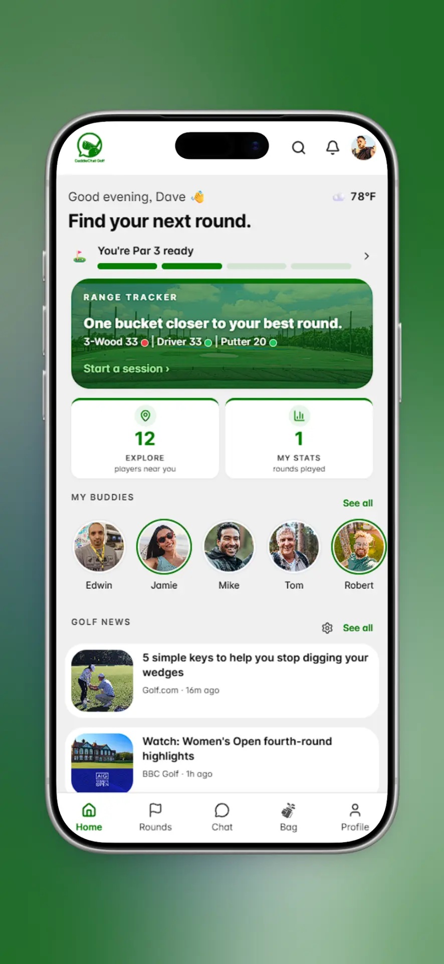 CaddieChat Golf home screen