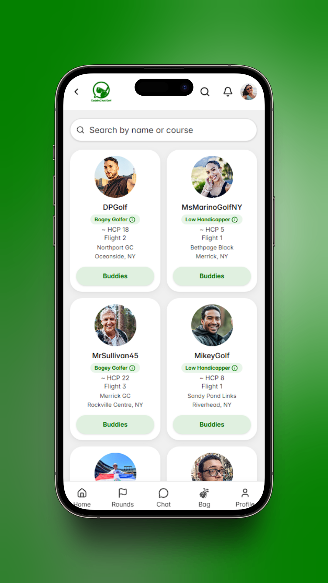 Find golfers screen